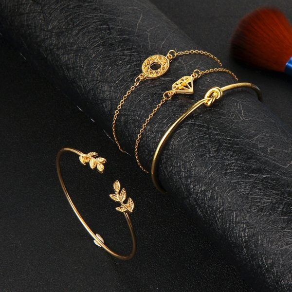 Tocona 4pcs/Set Fashion Bohemia Leaf Knot Hand Cuff Link Chain Charm Bracelet Bangle for Women Gold Bracelets Femme Jewelry 6115 - Image 4