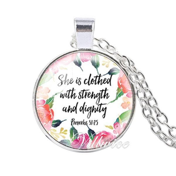 VILLWICE She is clothed with Strength and Dignity Necklace Proverbs 31:25 Bible Verse Christian Quote Necklace Faith Gifts