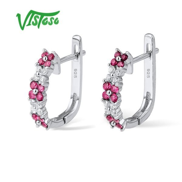 VISTOSO Stud Earrings Pink Flower Created Ruby Round White Cubic Zirconia High Quality Stud Earrings Fine Jewelry - Image 2