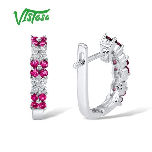 VISTOSO Stud Earrings Pink Flower Created Ruby Round White Cubic Zirconia High Quality Stud Earrings Fine Jewelry - Image 4