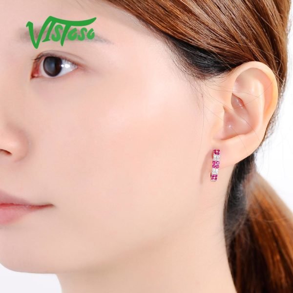 VISTOSO Stud Earrings Pink Flower Created Ruby Round White Cubic Zirconia High Quality Stud Earrings Fine Jewelry - Image 6