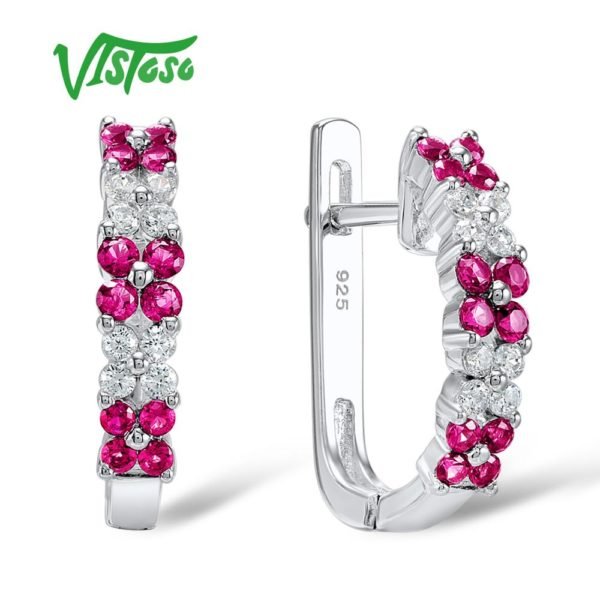 VISTOSO Stud Earrings Pink Flower Created Ruby Round White Cubic Zirconia High Quality Stud Earrings Fine Jewelry