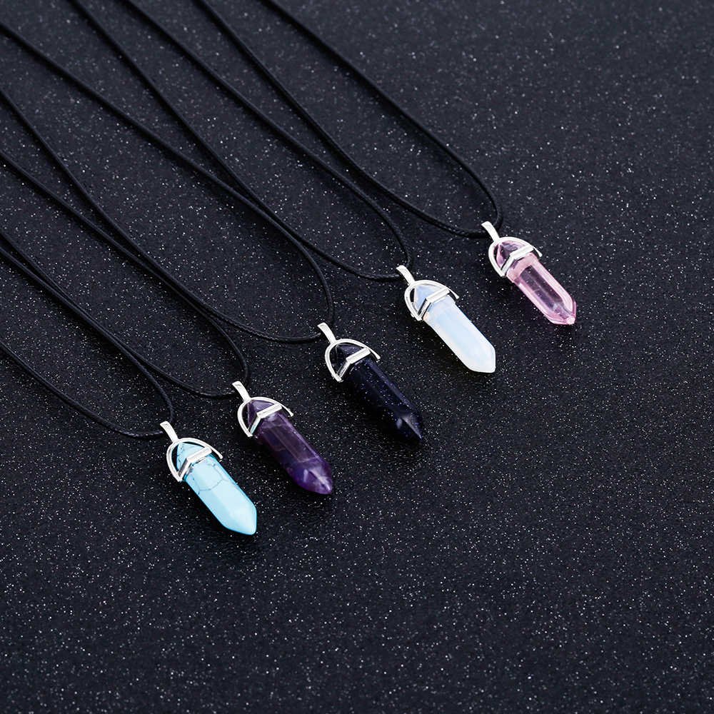 Vienkim Hot Hexagonal Column Necklaces Natural Crystal Pendants Stone Pendant Leather Chains Necklace For Women Fashion Jewelry - Image 6