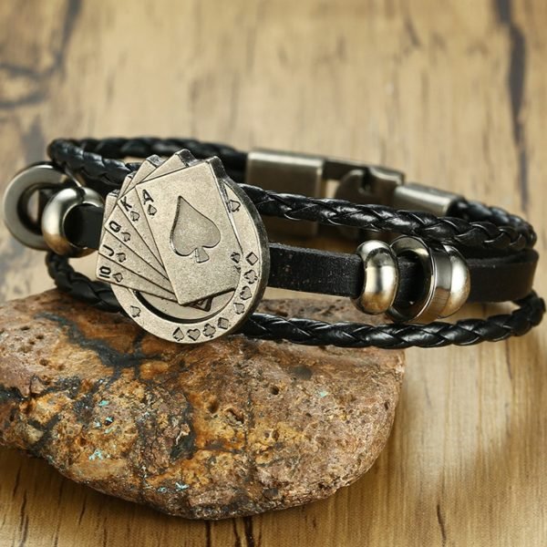 Vnox Lucky Vintage Men's Leather Bracelet Playing Cards Raja Vegas Charm Multilayer Braided Women Pulseira Masculina 7.87" - Image 6