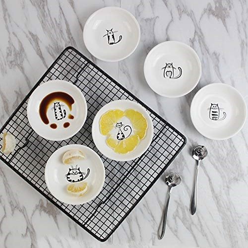 6PCS Super Cute Cat Ceramic Sauce Dish Mini Side Seasoning Dish Condiment Dishes Sushi Soy Dipping Bowl Snack Small Saucer Set