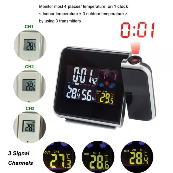 Digital Projection Alarm Clock Weather Station with Temperature Thermometer Humidity Hygrometer/Bedside Wake Up Projector Clock - Image 3