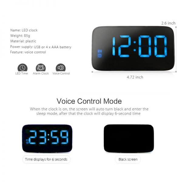 LED Alarm Clock Digital LED Display Voice Control Electric Snooze Night Backlight Desktop Table Clocks Watch USB Charging Cable - Image 3