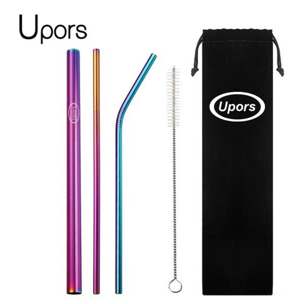 UPORS 5pcs Eco Friendly Reusable Straw 304 Stainless Steel Straw Metal Smoothies Drinking Straws Set with Brush & Bag Wholesale