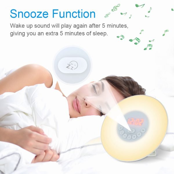 Wake Up Light Alarm Clock Sunrise/Sunset Simulation Digital Clock with FM Radio 7 Colors Light Sounds Function Touch Control - Image 6