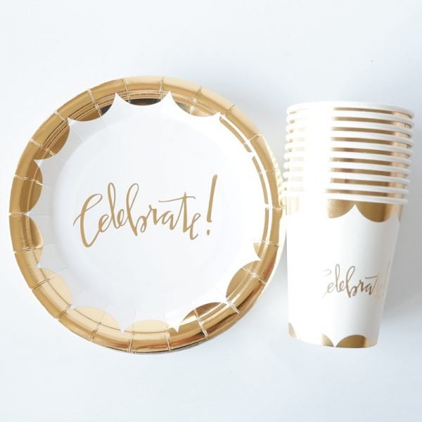 20pcs/lot Gold Foil Letter Disposable Tableware Party Paper Plates Baby Shower Birthday Party Supplies Paper Cups Tableware
