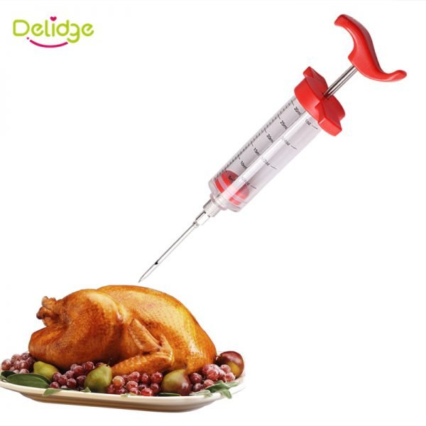 Delidge 1 set Stainless Steel Needle Meat Injector Flavor Marinade Spice Syringe Cooking Meat Poultry Turkey Chicken BBQ Tool