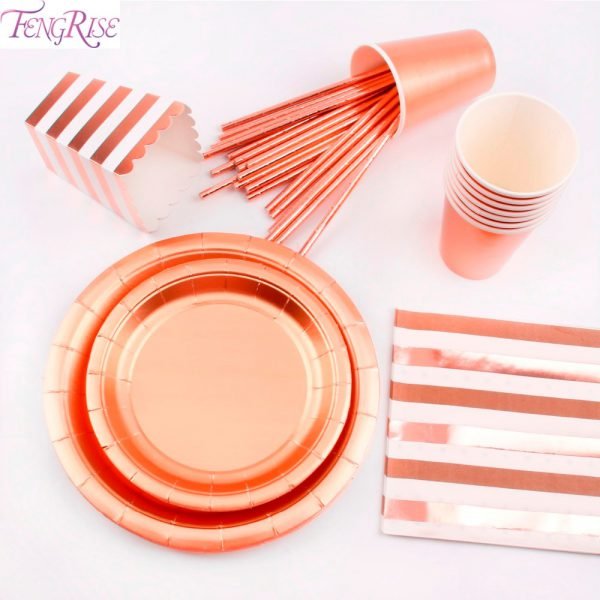 FENGRISE Rose Gold Disposable Tableware Sets Champagne Party Cup Plate Party Tableware for Wedding Decor Birthday Party Supplies