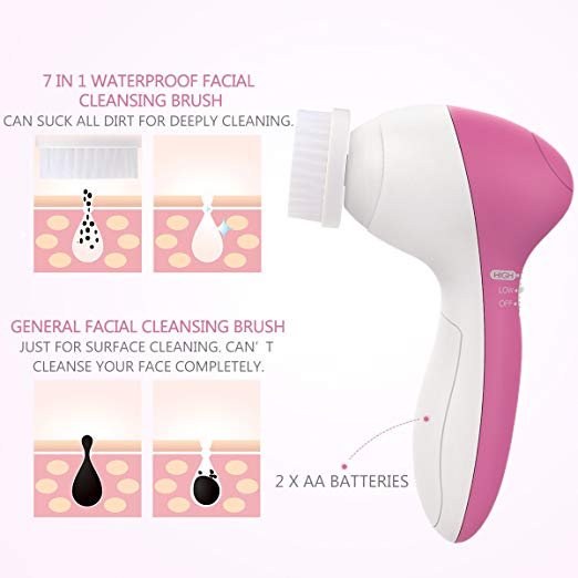 Facial Cleansing Brush Waterproof Face Brush with 5 Brush Heads for Deep Cleansing, Gentle Exfoliating, Removing Blackhead - Image 2
