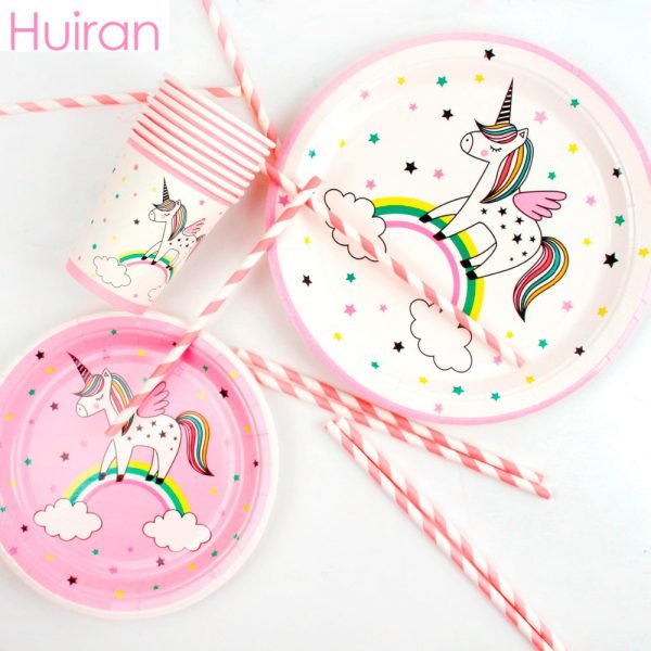 Huiran Unicorn Disposable Tableware Disposable Paper Plate Cups Unicorn Birthday Party Decorations Kids Party Supplies Unicornio
