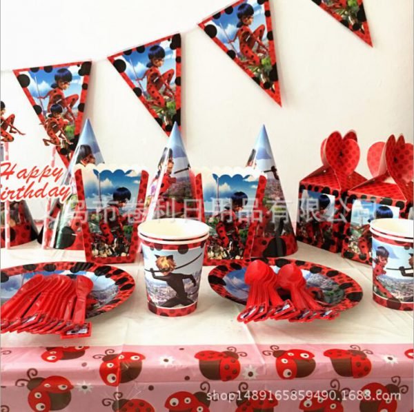 Ladybug Cat Disposable Tableware sets TableCloth cups Paper plate Knife fork Spoon Birthday Party Decoration