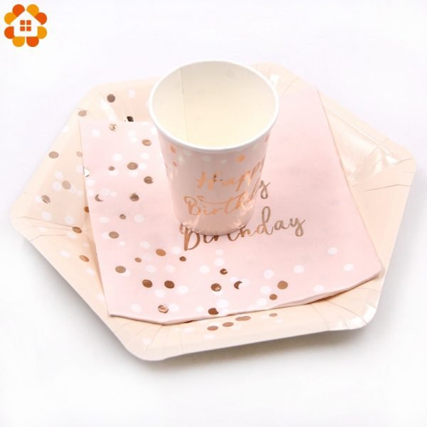 Pink Happy Birthday Series Disposable Tableware Gilding Paper Straws/Napkin/Cup/Plate For Home Kids Birthday Party Decoration - Image 2