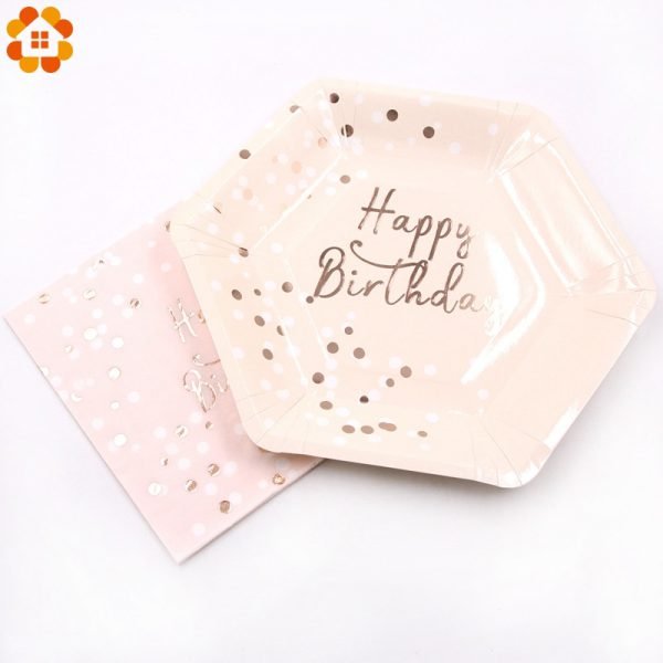 Pink Happy Birthday Series Disposable Tableware Gilding Paper Straws/Napkin/Cup/Plate For Home Kids Birthday Party Decoration - Image 3