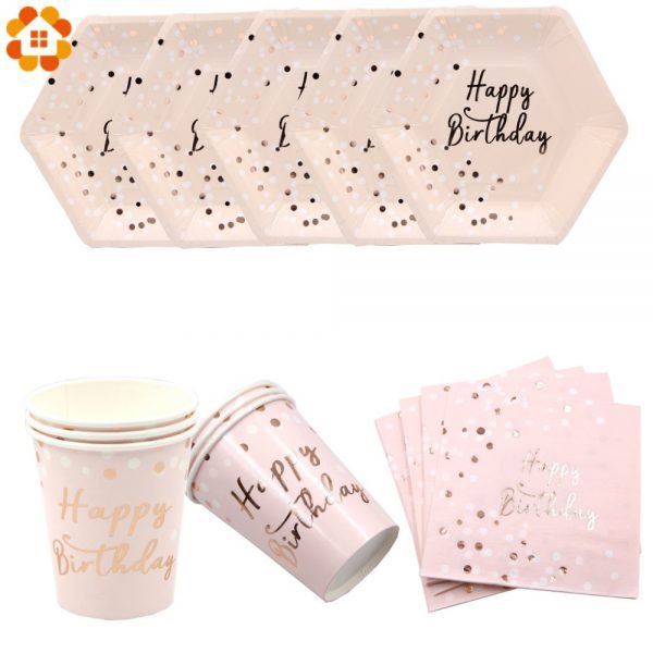 Pink Happy Birthday Series Disposable Tableware Gilding Paper Straws/Napkin/Cup/Plate For Home Kids Birthday Party Decoration