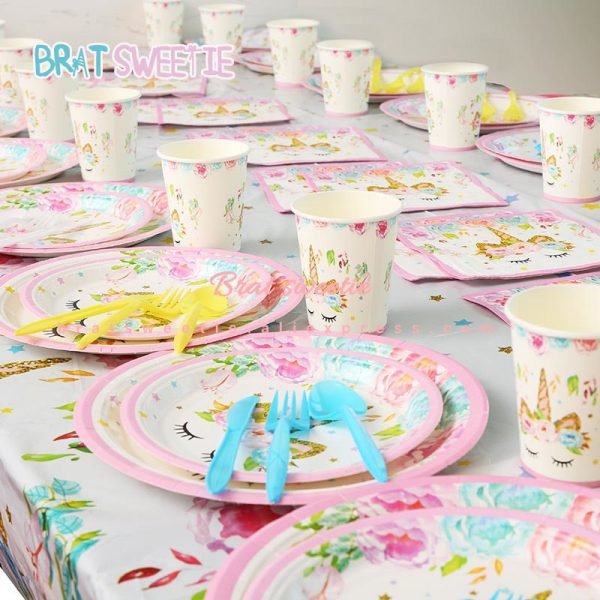 Unicorn Party Disposable Tableware Set Unicornio Flag Banner Baby Shower Girl 1st Birthday Theme Party Plate Cup Tablecloth