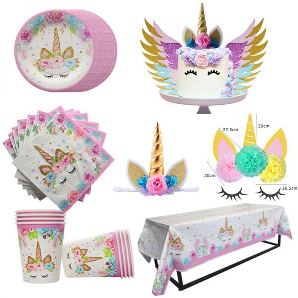 Unicorn Party Supplies Kit Unicornio Paper Plates/Cups/Napkins/Table Cover /Headband Birthday Decorations Kids Party Supplies